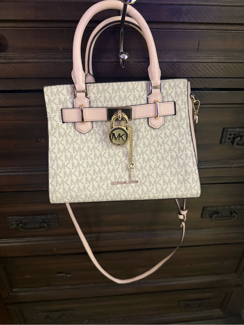 Michael Kors Pink and Vanilla Logo Satchel with Gold Hardware